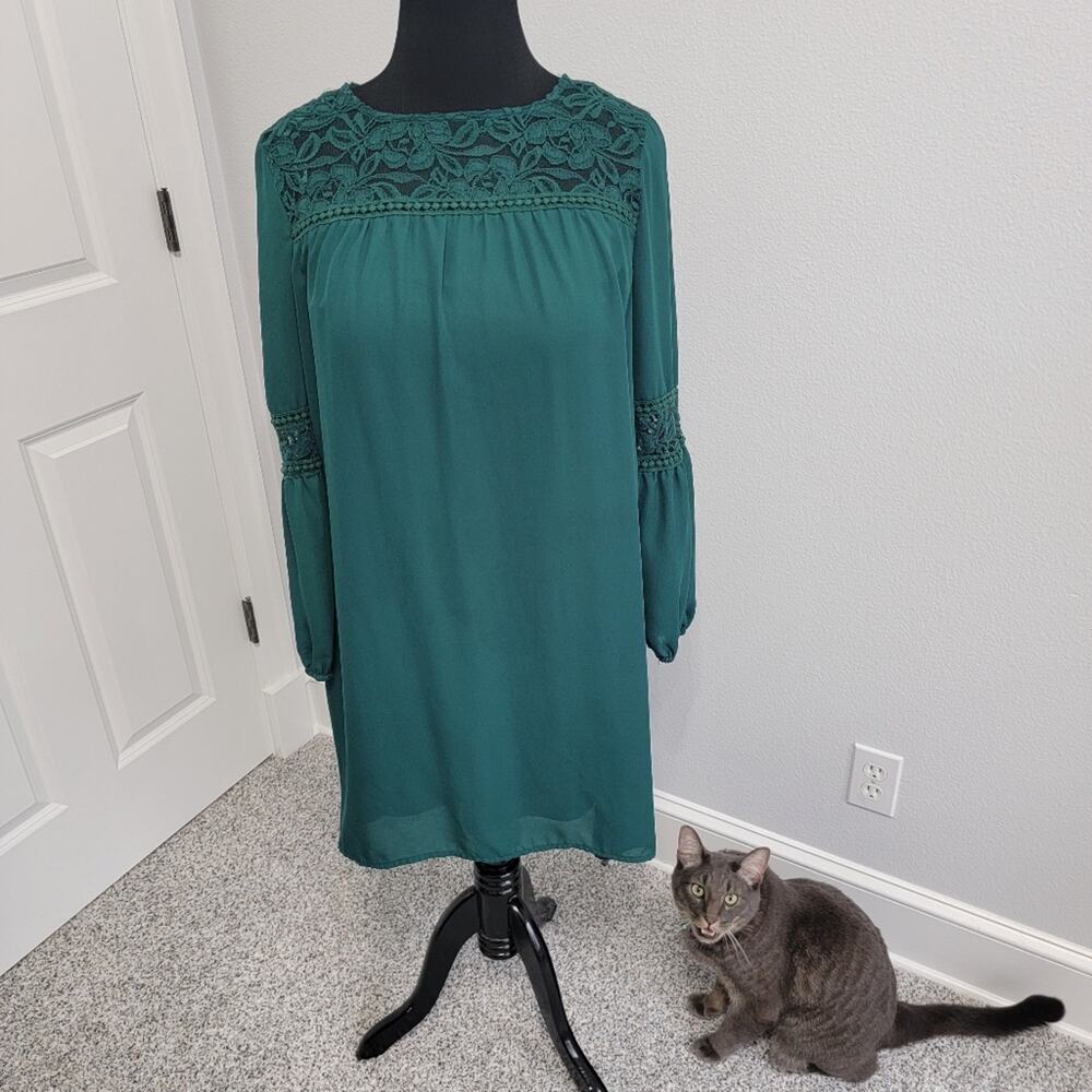 LUXOLOGY Emerald Green Tunic Lace Long Sleeve Dress, Size 12